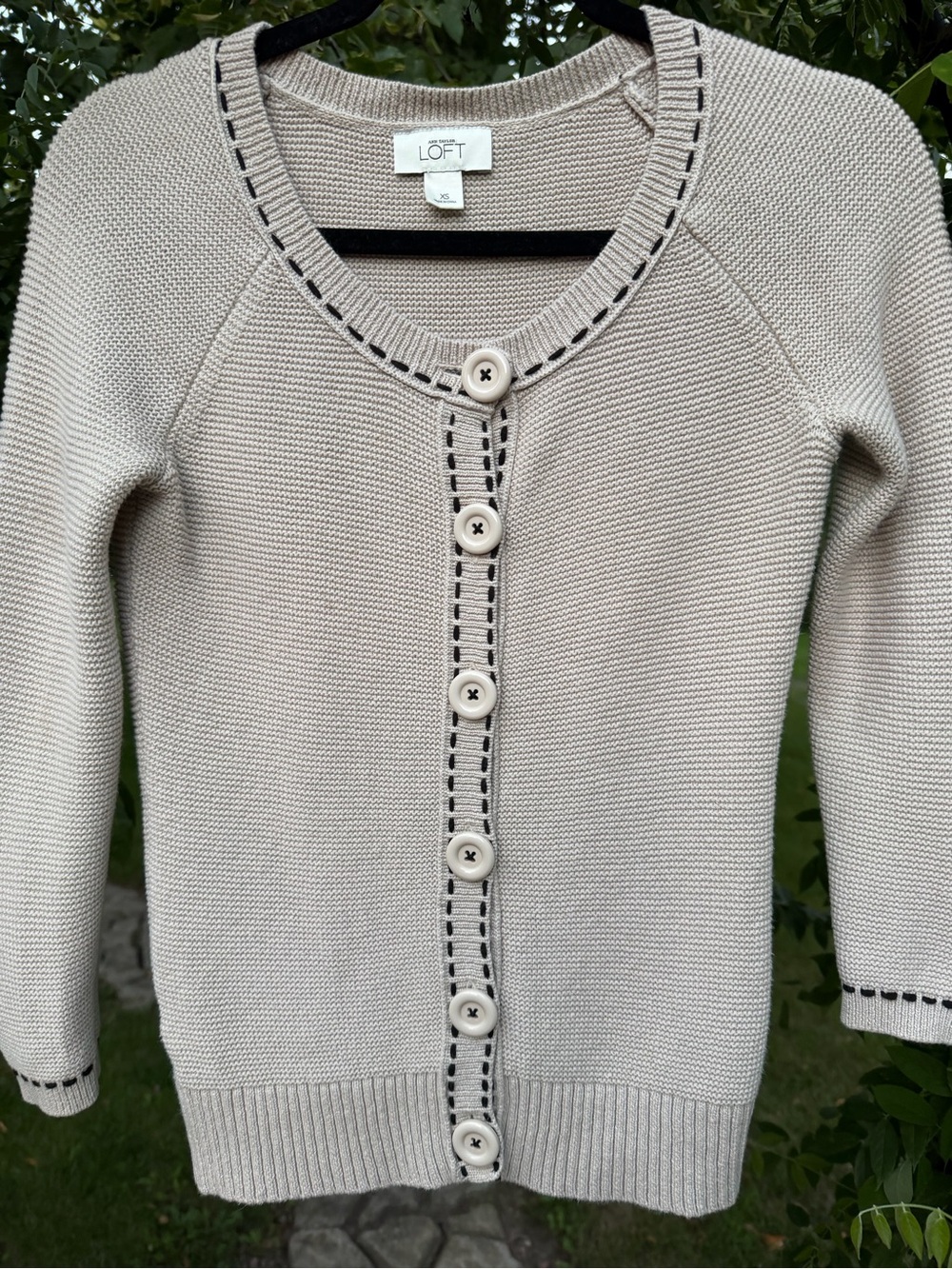 LOFT Beige-Trim Cream Button Cardigan